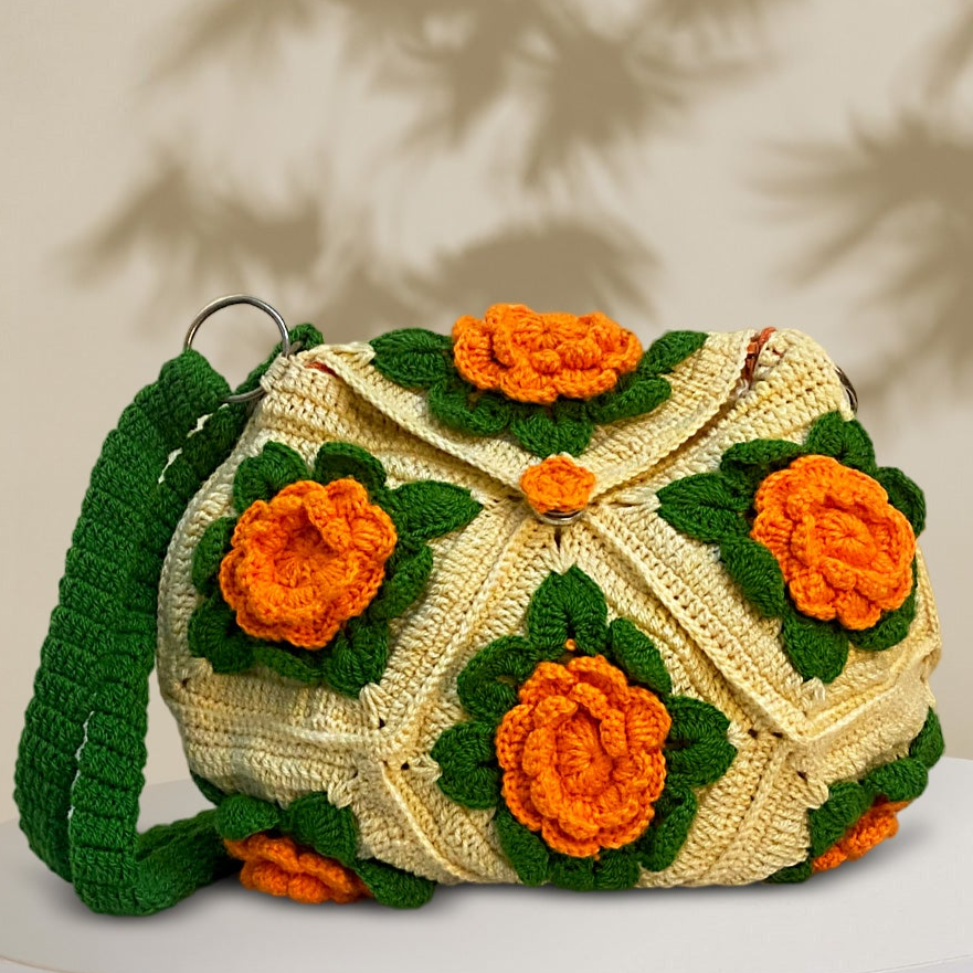 VOLUME1 : Off-White crochet bag with green and orange flowers