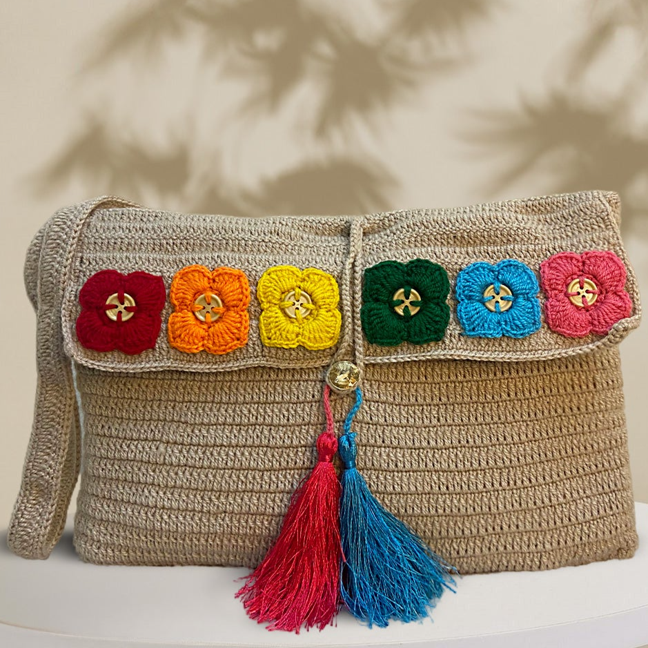 VOLUME 1: Skin hand woven crochet bag with multi flowers