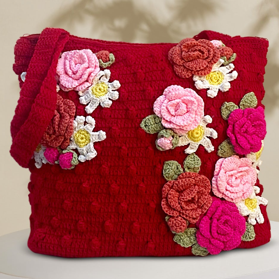 VOLUME 1: Red crochet bag with multi flowers