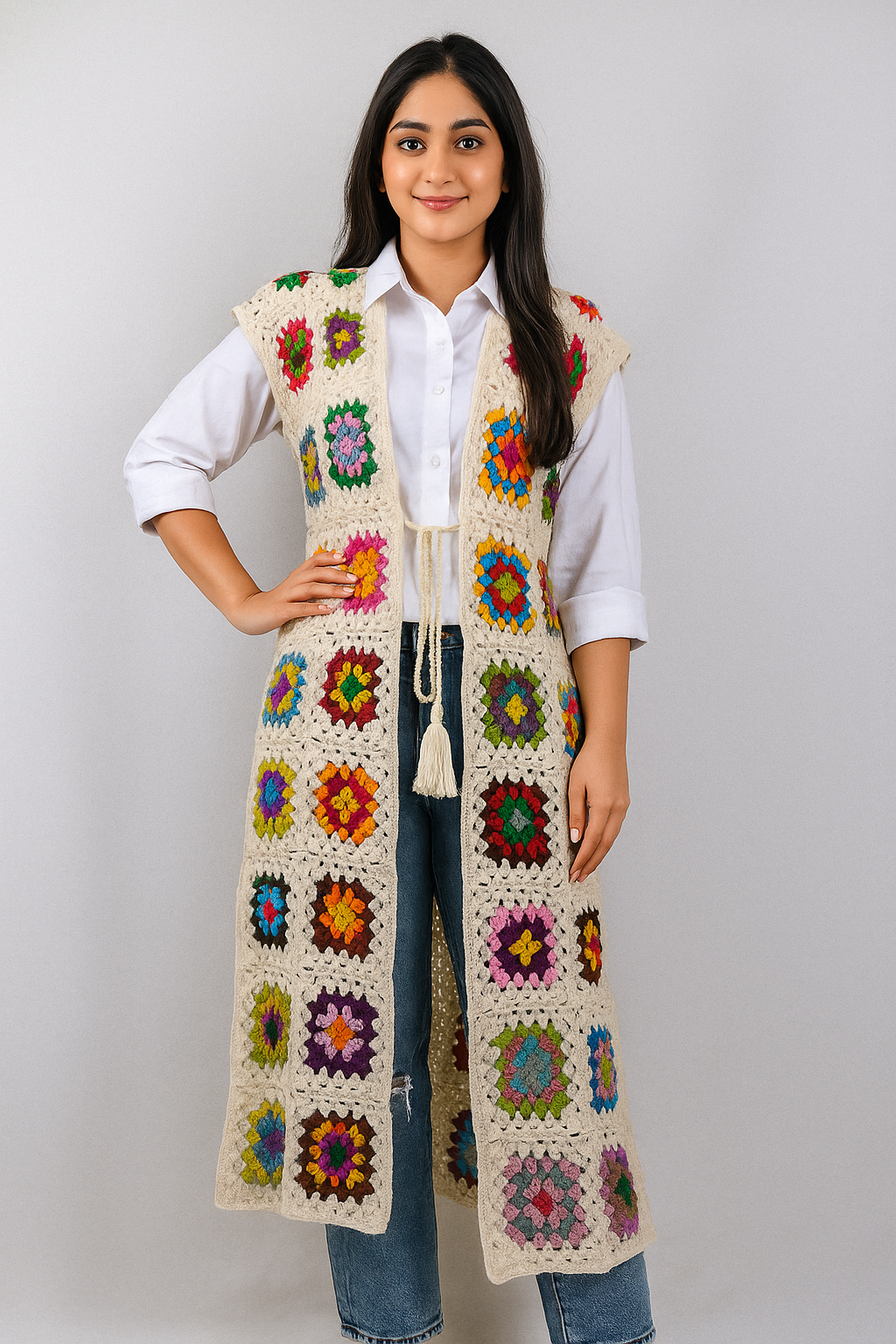 Long 42 inches crochet cardigan