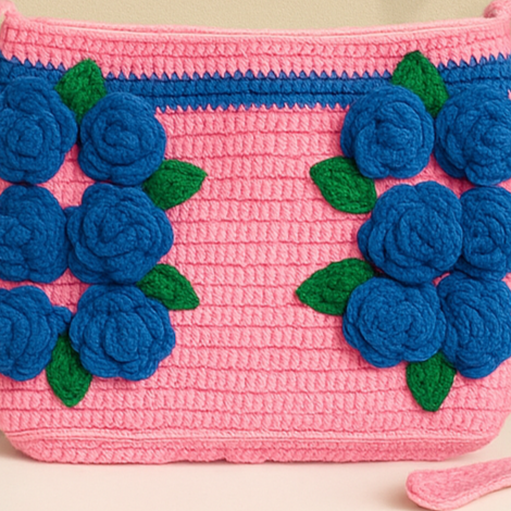 Pink crochet bag with blue flowers