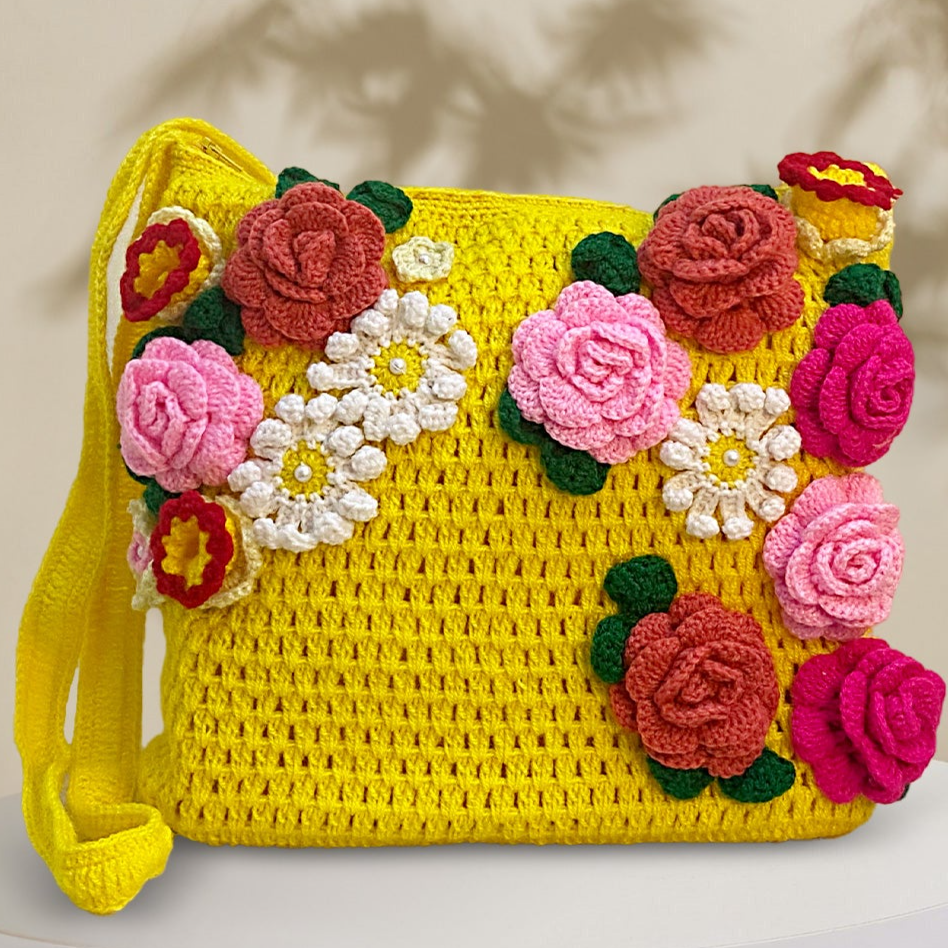 VOLUME 1:    Yellow crochet bag cross the body