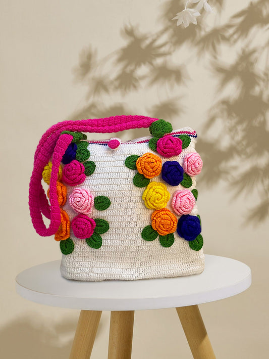 VOLUME 1: Aish white crochet bag with floral patterns