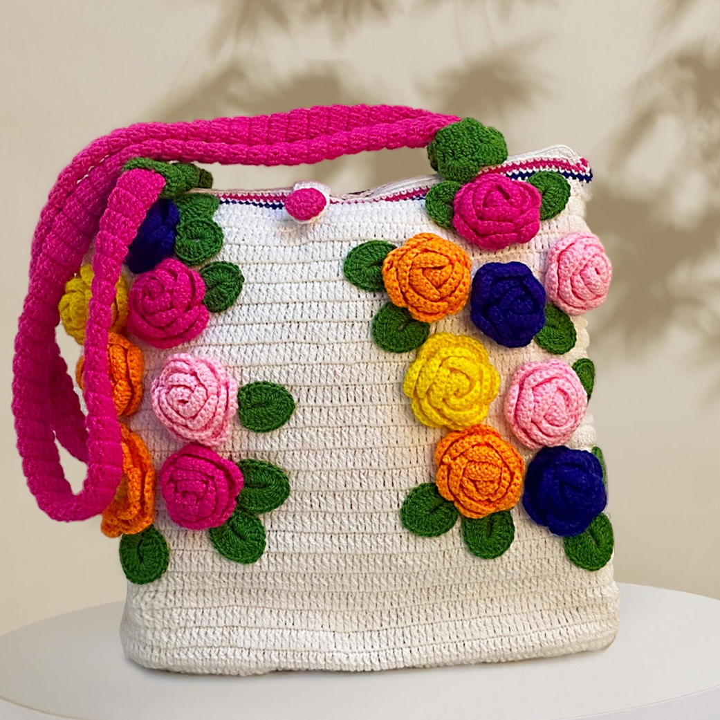 VOLUME 1: Aish white crochet bag with floral patterns