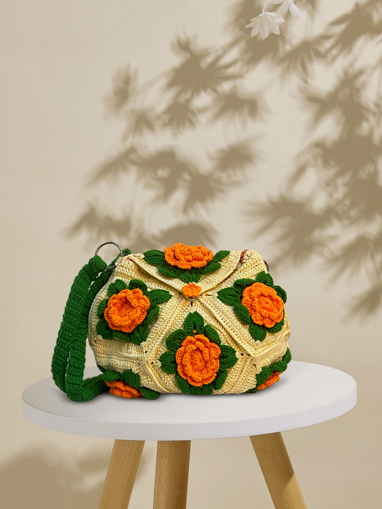 VOLUME1 :   Off-White crochet bag with green and orange flowers