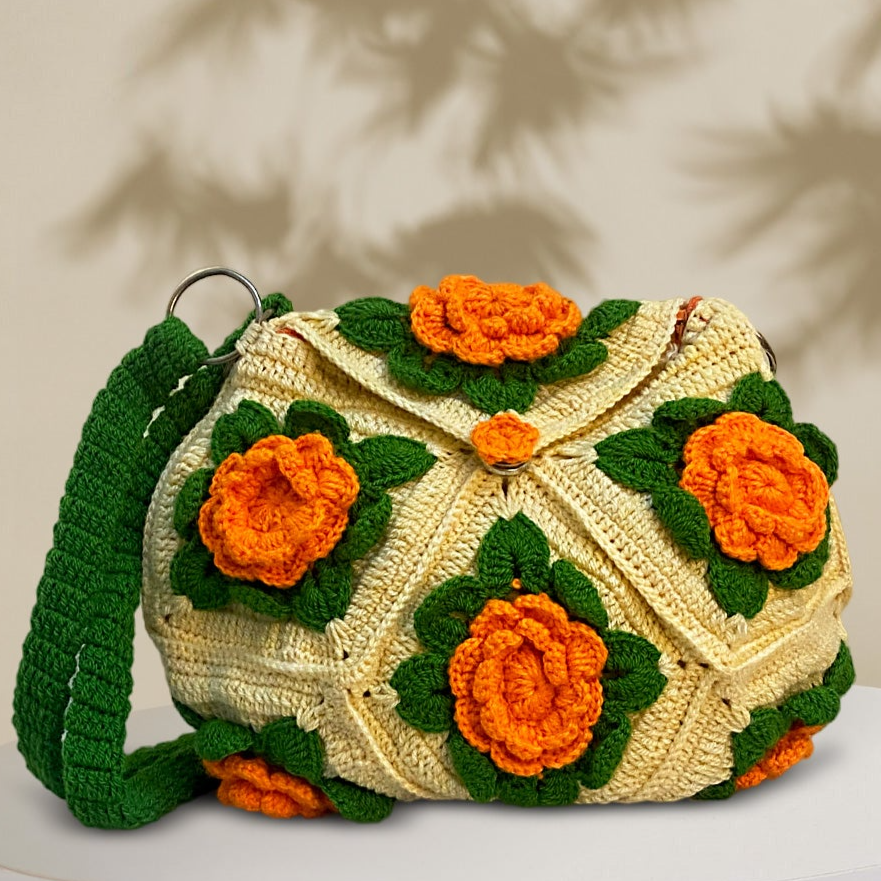 VOLUME1 :   Off-White crochet bag with green and orange flowers