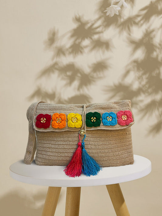 VOLUME 1:     Skin hand woven crochet bag with multi flowers