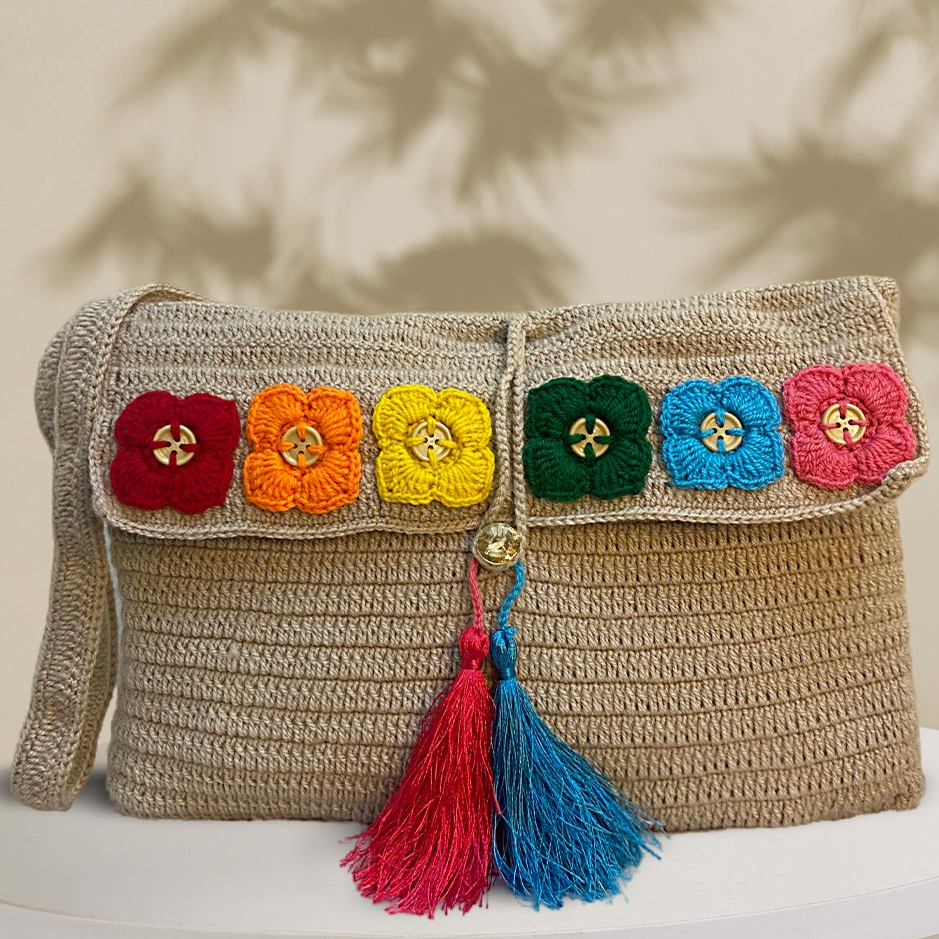 VOLUME 1:     Skin hand woven crochet bag with multi flowers