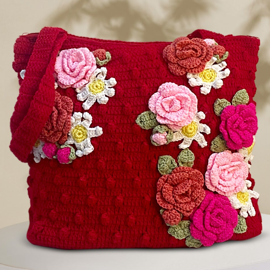 VOLUME 1:     Red crochet bag with multi flowers