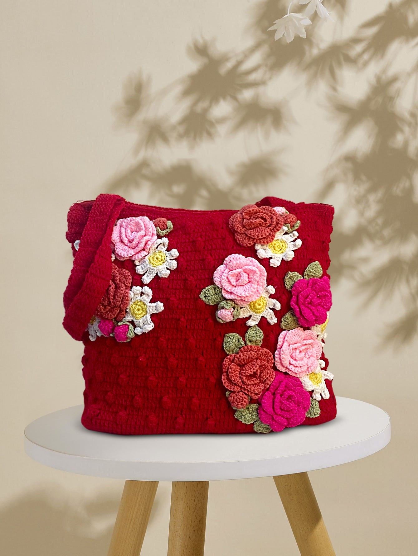 VOLUME 1:     Red crochet bag with multi flowers