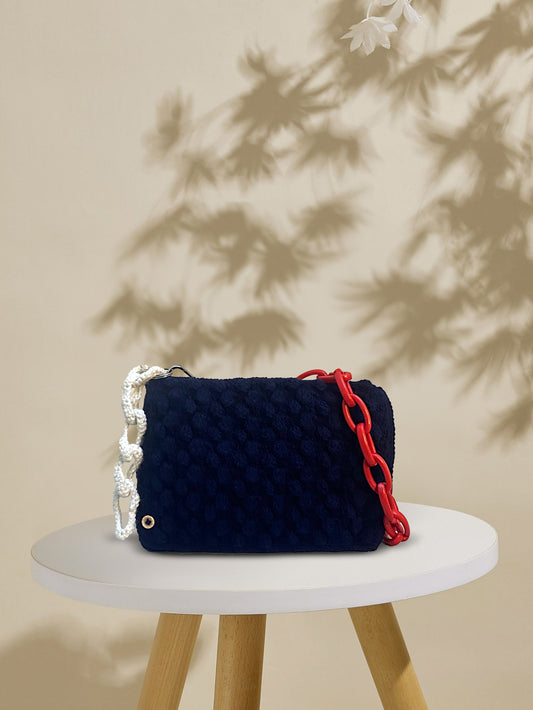 VOLUME 1:      Navy blue crochet small hand bag