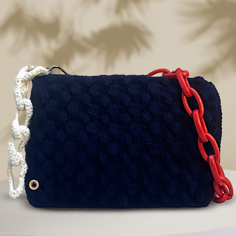 VOLUME 1:      Navy blue crochet small hand bag