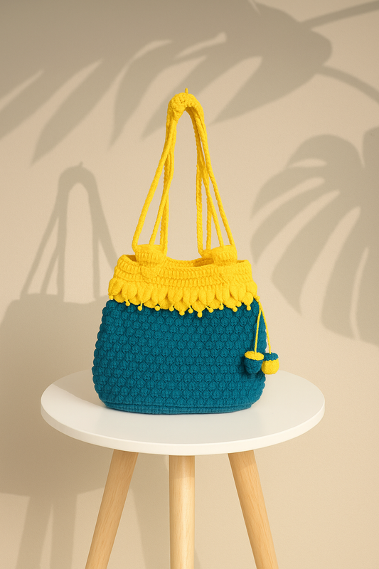 beautiful crochet bag in yellow and blue